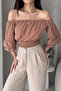 Women's Madonna Collar Waist Gimped Spanish Sleeve Crop Blouse Camel - 3