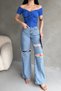 Women's Short Sleeve Boat Neck Floral Detailed Crop Blouse Cobalt Blue - 3