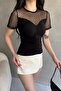 Women's Short Sleeve Tulle Detailed Blouse Black - 6