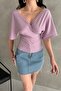Women's Short Sleeve Double Breasted Collar Blouse with V-Cross Strap Detail on the Back, Lilac