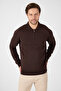Brown 100% Cotton Men's Half Zipper Polo Neck Knitwear Sweater - 8