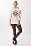 Hooded Printed Oversized Ribbed Knitted Sweatshirt Lqb0001 Cream - 4