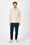 Beige 100% Cotton Men's Half Zipper Polo Neck Knitwear Sweater - 2