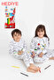 Long-Sleeve Colorable Kids' Pajama Set with Cute Characters and Coloring Pen Gift