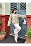 Embroidered Oversize Soft Textured Ribbed Knitwear Sweater 2626 - Green - 5