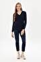 Women's Navy Blue V-Neck Basic Sweater 50307710-Vr033 - 4