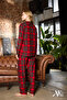 Women's Pajama Set Suede Buttoned Plaid Patterned Red Color Long Sleeve with Pocket Detail - 6