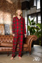 Women's Pajama Set Suede Buttoned Plaid Patterned Red Color Long Sleeve with Pocket Detail - 3