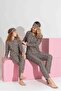 Women's Beige Leopard Patterned Front Buttoned Mother-Daughter Combination Suede Velvet Winter Warm Pajama Set - 4