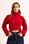 Women's Red Turtleneck Soft Textured Ribbed Crop Sweater Kzk-19000983 - 3