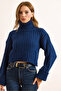 Women's Navy Blue Turtleneck Soft Textured Ribbed Crop Sweater Kzk-19000983 - 4