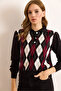 Women's Black Polo Neck Buttoned Diamond Pattern Knitwear Blouse Blz-19003095 - 3