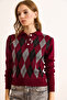 Women's Burgundy Polo Neck Buttoned Diamond Pattern Knitwear Blouse Blz-19003095 - 5