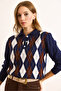 Women's Navy Blue Polo Neck Buttoned Diamond Pattern Knitwear Blouse Blz-19003095 - 3