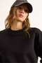 Women's Black Double Interlock Sleeve Detailed Thick Sweatshirt Swt-19000735 - 6