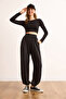 Women's Black Pique Modal Stitching Detailed Jogger Sweatpants Eşf-00000083 - 2