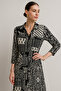 Women's Black and White Patterned Long Sleeve Buttoned Waist Moroccan Shirt Dress - 2