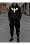 Crowned Eagle Printed Black Oversized Hooded Sweatshirt Black Pants Jogger Tracksuit Set