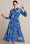 Women's Cobalt Blue White Patterned Long Sleeve Buttoned to Waist Moroccan Maxi Shirt Dress - 8