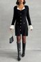 Women's Black Stylish Buttoned Elegant Mini Knit Dress with Sleeve and Neck Detail - 4