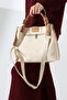 Large Size Hand Knitted Detailed Cream Wide Strap Women's Shoulder and Hand Bag