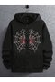 Unisex Cardigan - Black Net Special Printed Winter Oversize Hooded Zippered Pocket Detailed Cardigan