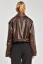 Women's button-up short leather jacket - bitter brown - 5
