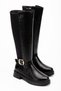 Women's Black Shiny Leather Buckle Detailed Stretch Back Boots