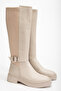Women's Beige Leather Buckle Detailed Stretch Boots