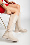 Women's Beige Leather Buckle Detailed Stretch Boots - 2