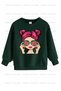 Green-Black-Beige Triple Crew Neck Girls' Sweatshirt with Fleece Inside and Wow Girl and Brooklyn Print - 6