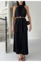 Black Pleated Halter Neck Belted Dress - 5