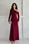 Off-Shoulder Long Dress with Burgundy Stone Accessories