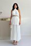 White Pleated Halter Neck Belted Dress