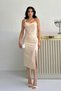 Beige Thin Strap Drape Detailed Midi Evening Dress