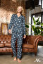 Women's Pajama Set Heart Patterned Buttoned Long Sleeve Green Color Pocket Detailed Suede - 3
