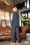 Women's Pajama Set Buttoned Long Sleeve Striped Navy Blue Color Pocket Detailed Suede - 4