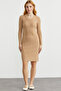 Button Detailed V-Neck Knitwear Dress - Camel - 3