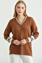 V-Neck Hair Braided Knitwear Sweater - Tan