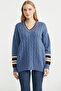 V-Neck Hair Braided Knitwear Sweater - Indigo - 4