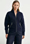 Wool Stand Collar Zippered Knitwear Cardigan - Navy Blue