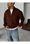 Coffee Zippered Half Turtleneck Knitted Cardigan Pm-022 - 3
