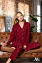 Women's Pajama Set Star Patterned Buttoned Long Sleeve Burgundy Color Pocket Detailed Suede