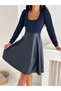 Women's Navy Blue Color Square Neck Long Sleeve Skirt Leather Kilos Dress - 3