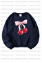 Heart and Cherry Printed Red-Grey-Navy Blue Triple Crew Neck Girls' Sweatshirt - 4
