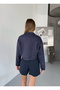 Women's Navy Blue Zippered Faux Suede Stretchy Crop Jacket - 5