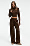 Mariposa Women's Round Neck Stripe Patterned Crop Wide Leg Knitwear Brown Bottom-Top Set