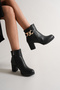 Women's Black Heeled Luxury Chain Buckle Detailed Stylish Design Boots