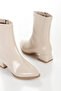 Beige Patent Leather Short Thick Heeled Pointed Toe Casual Boots - 5