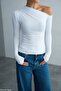 Women's Asymmetrical Neckline Long Sleeve Blouse – One Shoulder Burgundy - Black - Ecru - 4